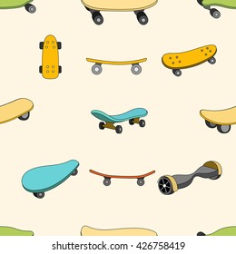 Seamless color pattern with skateboards. Pattern with skateboards for prints, fabric, stickers. Wallpaper with a pattern of skateboards in a linear style. Skateboard pattern for hipster design. Vector