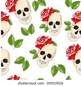 seamless color pattern skull with flowers and leaves.skull with rose 