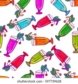 Seamless color pattern of smoothie coctails on white background. Sketched vector illustration. Background with drink for cafe, restaurant, eatery, diner, website or take away design