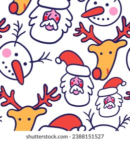 seamless color pattern with snowman, santa and deer in doodle style. template for print, background, wallpaper, fabric, packaging, children's book, decoration.