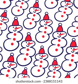seamless color pattern with snowmen in doodle style. template for print, background, wallpaper, fabric, packaging, children's book, decoration.