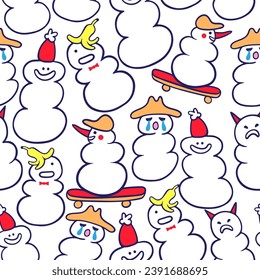 seamless color pattern with snowmen in doodle style. template for print, background, wallpaper, fabric, packaging, children's book, decoration.