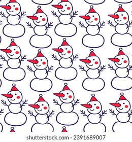 seamless color pattern with snowmen in doodle style. template for print, background, wallpaper, fabric, packaging, children's book, decoration.