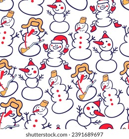 seamless color pattern with snowmen in doodle style. template for print, background, wallpaper, fabric, packaging, children's book, decoration.