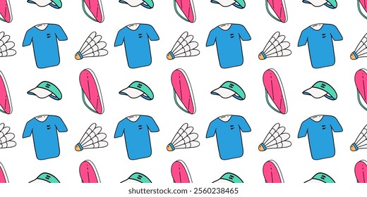 Seamless color pattern with sports elements. Badminton. Cap, T-shirt, shuttlecock, bag cover. Wallpaper, textile, print, background isolated on a white background. Hand drawn vector illustration.