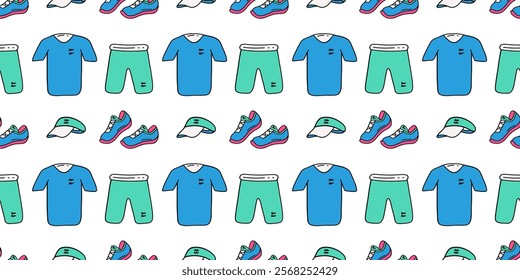 Seamless color pattern with sports elements. Suit : sneakers, T-shirt, pants, cap. Wallpaper, textile, print, background isolated on a white background. Hand drawn vector illustration.