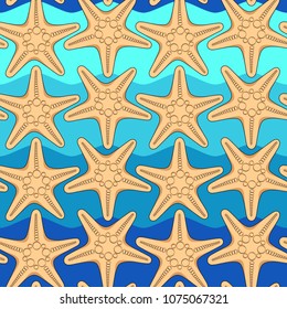 Seamless color pattern with starfish on a background of sea waves. Summer vector background.