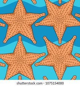 Seamless color pattern with starfish on a background of sea waves. Summer vector background.