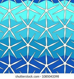 Seamless color pattern with starfish on a background of sea waves. Summer vector background.