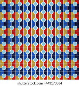 Seamless color pattern with symmetric geometric ornament. Abstract rounds and blocks background. Mosaic wallpaper. Vector illustration