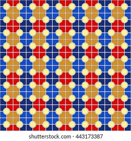 Seamless color pattern with symmetric geometric ornament. Abstract rounds and blocks background. Mosaic wallpaper. Vector illustration
