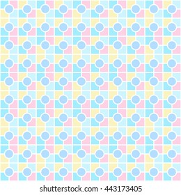 Seamless color pattern with symmetric geometric ornament. Abstract rounds and blocks background. Mosaic wallpaper. Vector illustration