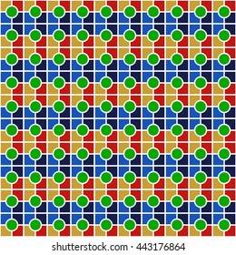 Seamless color pattern with symmetric geometric ornament. Abstract rounds and blocks background. Mosaic wallpaper. Vector illustration