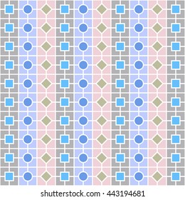 Seamless color pattern with symmetric geometric ornament. Abstract repeated squares, rounds, rhombuses and blocks background. Mosaic wallpaper. Vector illustration