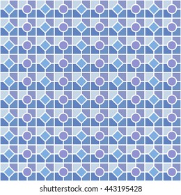 Seamless color pattern with symmetric geometric ornament. Abstract repeated rounds, rhombuses and blocks background. Mosaic wallpaper. Vector illustration