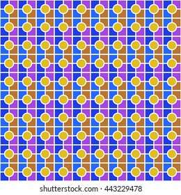Seamless color pattern with symmetric geometric ornament. Abstract rounds and blocks background. Mosaic wallpaper. Vector illustration