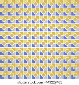 Seamless color pattern with symmetric geometric ornament. Abstract rounds and blocks background. Mosaic wallpaper. Vector illustration