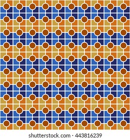 Seamless color pattern with symmetric geometric ornament. Abstract rounds and blocks background. Mosaic wallpaper. Vector illustration