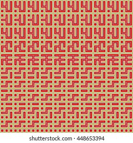 Seamless color pattern with symmetric geometric ornament. Abstract repeated blocks and figures background. Creative futuristic wallpaper. Vector illustration