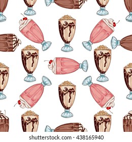 Seamless color pattern of three types milkshake. Sketched fast food vector illustration. Background with drink for cafe, restaurant, eatery, diner, website or take away bag design