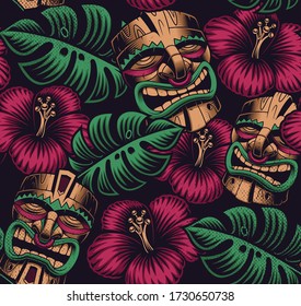 Seamless color pattern with a tiki mask on Polynesia style on dark background