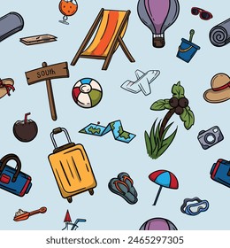 Seamless color pattern with tourism and travel items. Bright color illustration for gift paper, background and banner