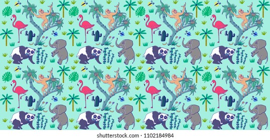 seamless color pattern with tropical animals and plants