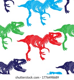 Seamless color pattern with tyrannosaurus dinosaur skeleton silhouette in isolated on white background. Vector illustration