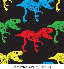 Seamless color pattern with tyrannosaurus dinosaur skeleton silhouette in isolated on white background. Vector illustration