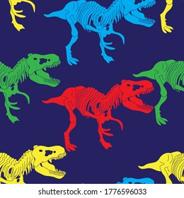 Seamless color pattern with tyrannosaurus dinosaur skeleton silhouette in isolated on white background. Vector illustration