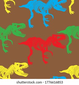 Seamless color pattern with tyrannosaurus dinosaur skeleton silhouette in isolated on white background. Vector illustration