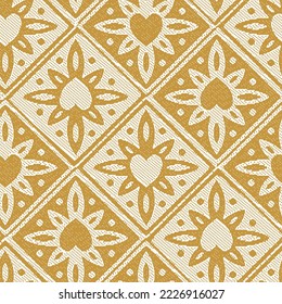 Seamless color pattern from a variety of geometric shapes.heart dotted weave geometric pattern on yellow background.