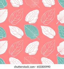 Seamless color pattern of vector tropical plants leaves on coral pink background. Line art for textile print and paper