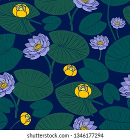Seamless color pattern with water lilys. 