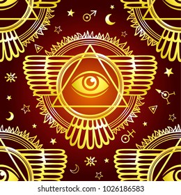  Seamless color pattern: winged ancient pyramid, all-seeing eye. Space symbols. Gold imitation. Esoteric, mysticism, occultism. Vector illustration.