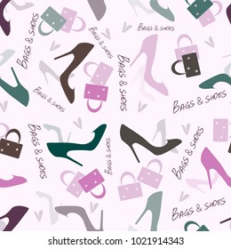  Seamless color pattern with women's shoes, bags, lettering and hearts on a light background.