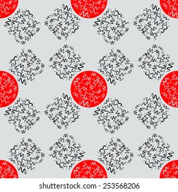 Seamless color patterns with abstract, winding lines and red circles