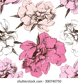 Seamless color peony pattern on white background