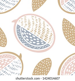 Seamless color stamp pattern with fruits almonds and mango, melon on white background. Great for fabric, textile, wrapping paper.