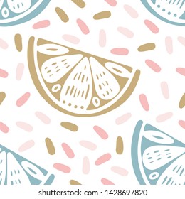 Seamless color stamp pattern with fruits lemon, lime on white background. Great for fabric, textile, wrapping paper. 