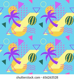 Seamless color summer fruit patterns with watermelons and palms, geometric shapes, fashion vector backgrounds
