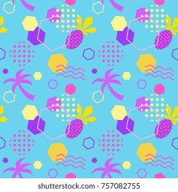 Seamless color summer pattern with pineapple and palm, trendy geometric style vector background, bright fashion wallpaper