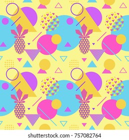 Seamless color summer pattern with pineapple, trendy geometric style vector background, bright fashion wallpaper