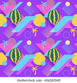 Seamless color summer patterns with watermelons and palms, geometric shapes, fashion vector backgrounds with fruits
