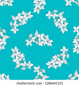 Seamless color textile pattern. Plant in blossom, branch with flower ink sketch. Vector illustration for your design