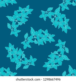 Seamless color textile pattern. Plant in blossom, branch with flower ink sketch. Vector illustration for your design