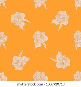 Seamless color textile pattern. Plant in blossom, branch with flower ink sketch. Vector illustration for your design
