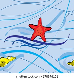 Seamless color texture marine theme with starfish and shell
