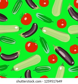 Seamless color texture of vegetables . Eggplants, cucumbers, tomatoes, zucchini on a green background.  Vector texture