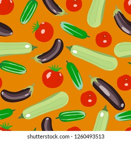 Seamless color texture of vegetables . Eggplants, cucumbers, tomatoes, zucchini on an orange background.  Vector texture